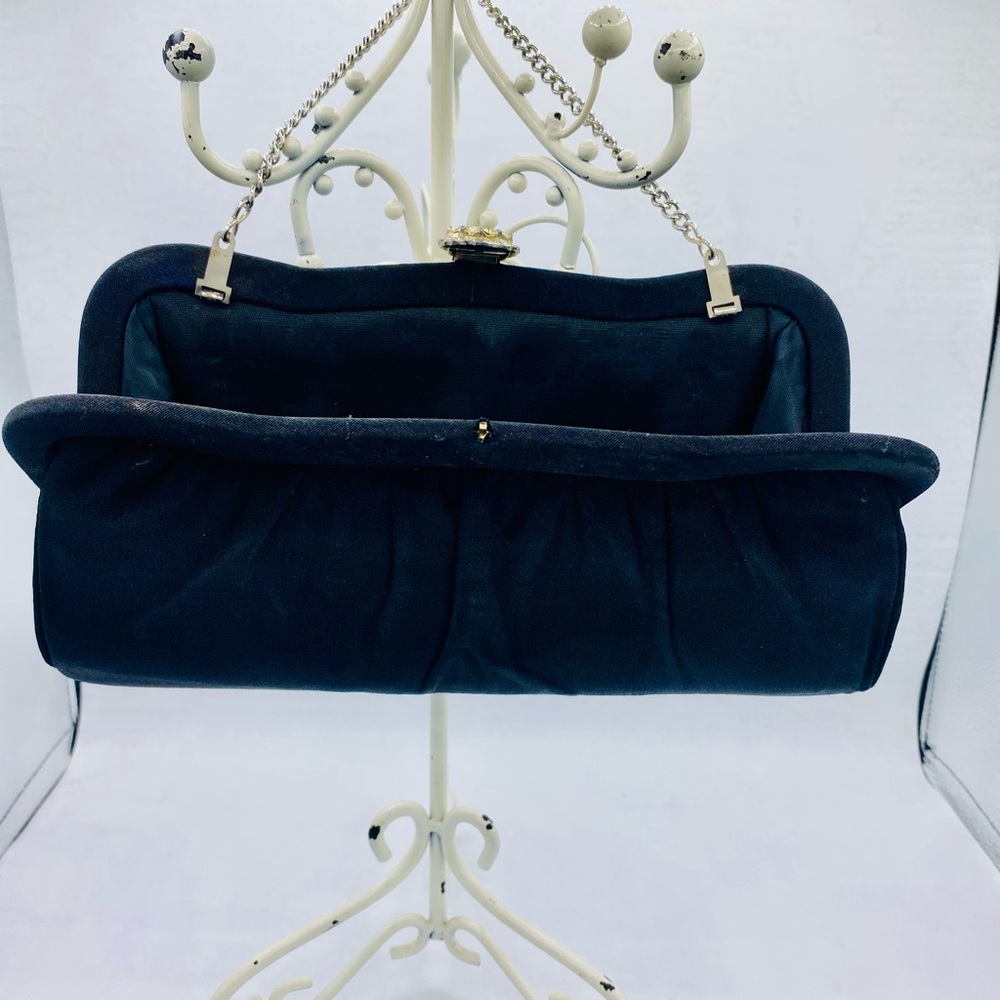Vintage Elegant Black Fabric Clutch With Silver Tone Chain With Jeweled Clasp - Picture 6 of 12